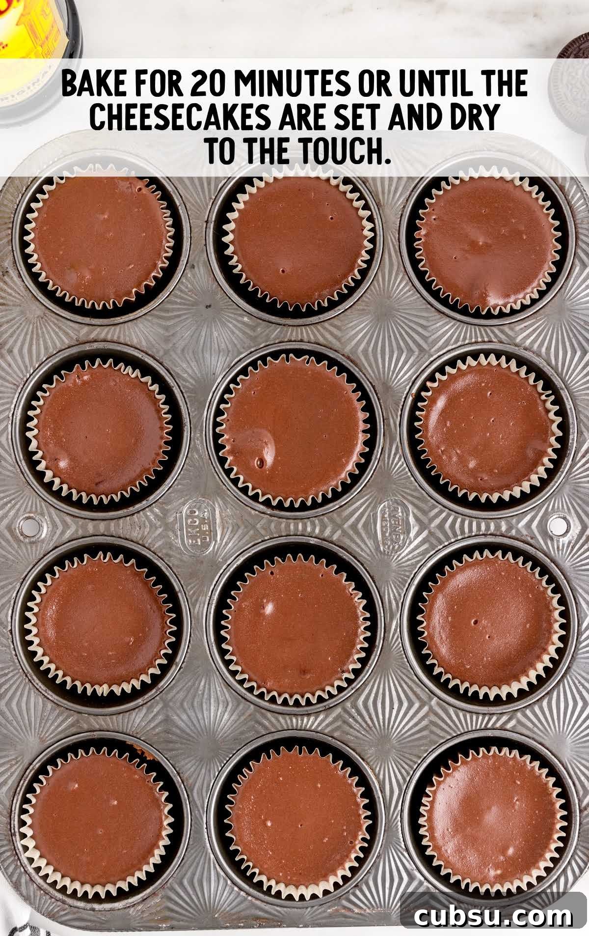 baked cheesecake on a cupcake baking tray