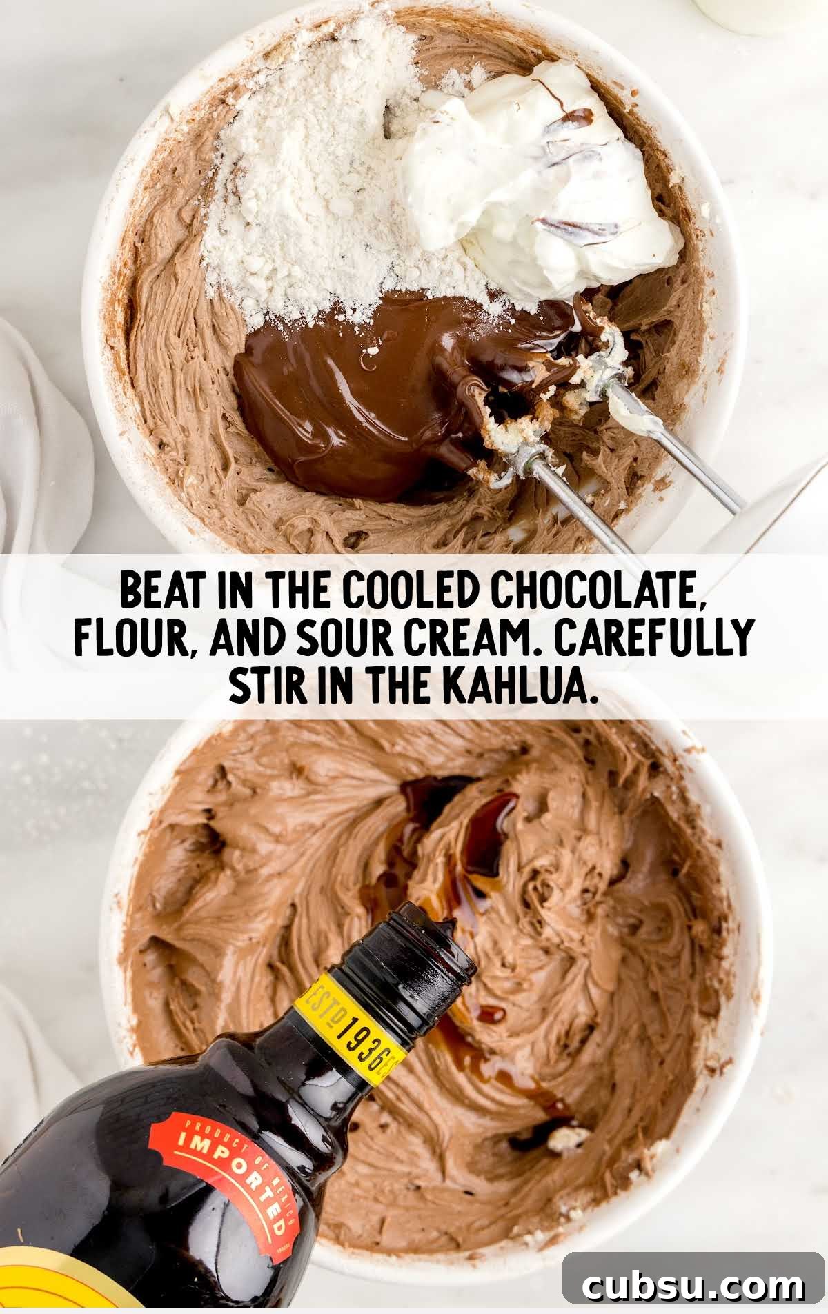 chocolate, flour, and sour cream blended in a bowl