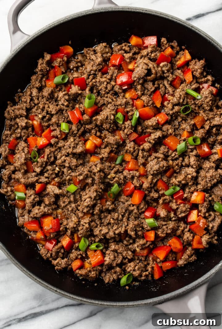 a skillet with korean inspired ground beef