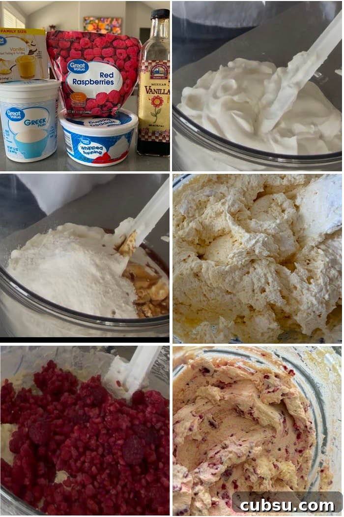 6-photo picture collage of step-by-step photos of How to Make Frozen Berry Salad.