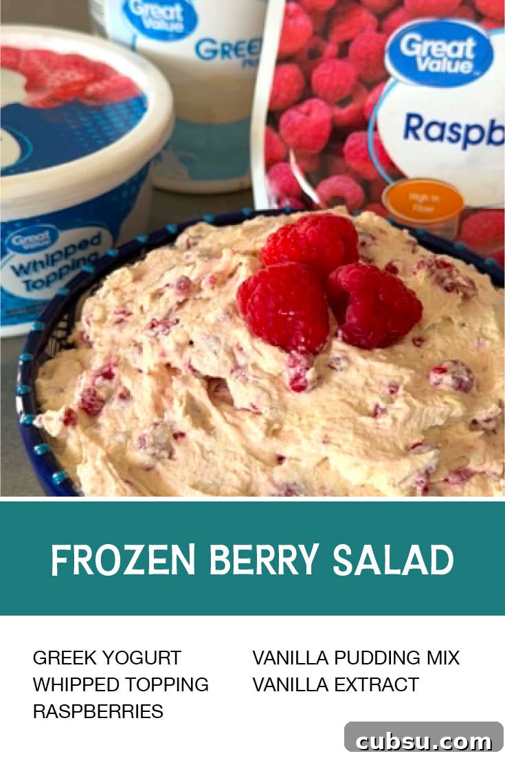 Pinterest picture of Frozen Berry Sald with the text of the ingredients at the bottom and the text of the title above the ingredients list.