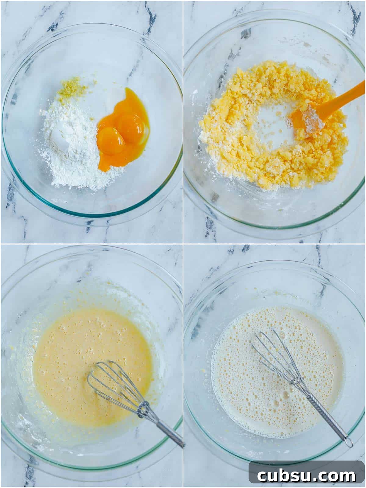 process showing how to mix the creme patissiere before cooking.