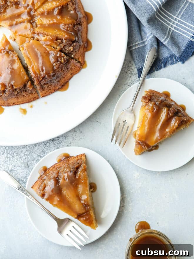 overhead view of caramel apple upside down cake on plates