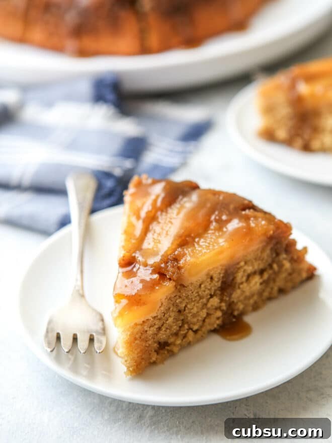 closeup of caramel apple upside down cake on a plate