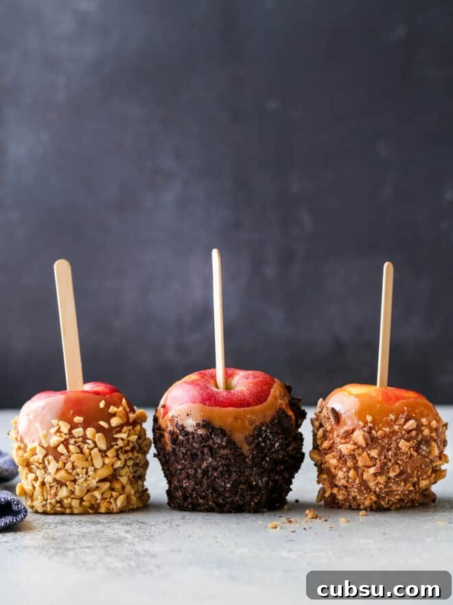 Three caramel apples with different toppings