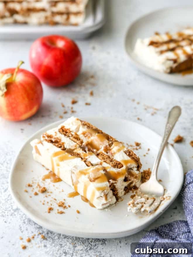 taking bite of caramel apple gingersnap icebox cake
