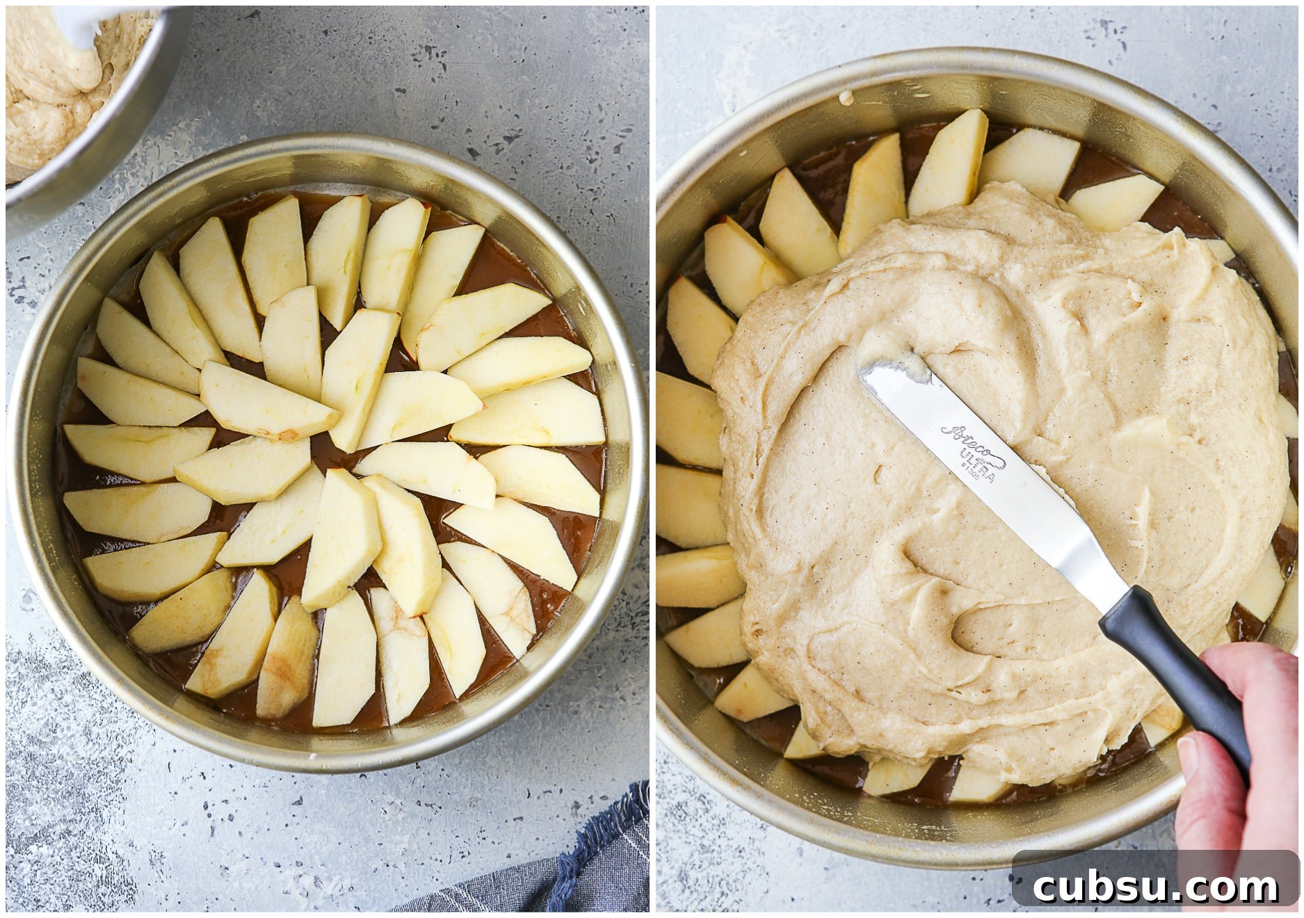 lining pan with caramel, apples and cake batter