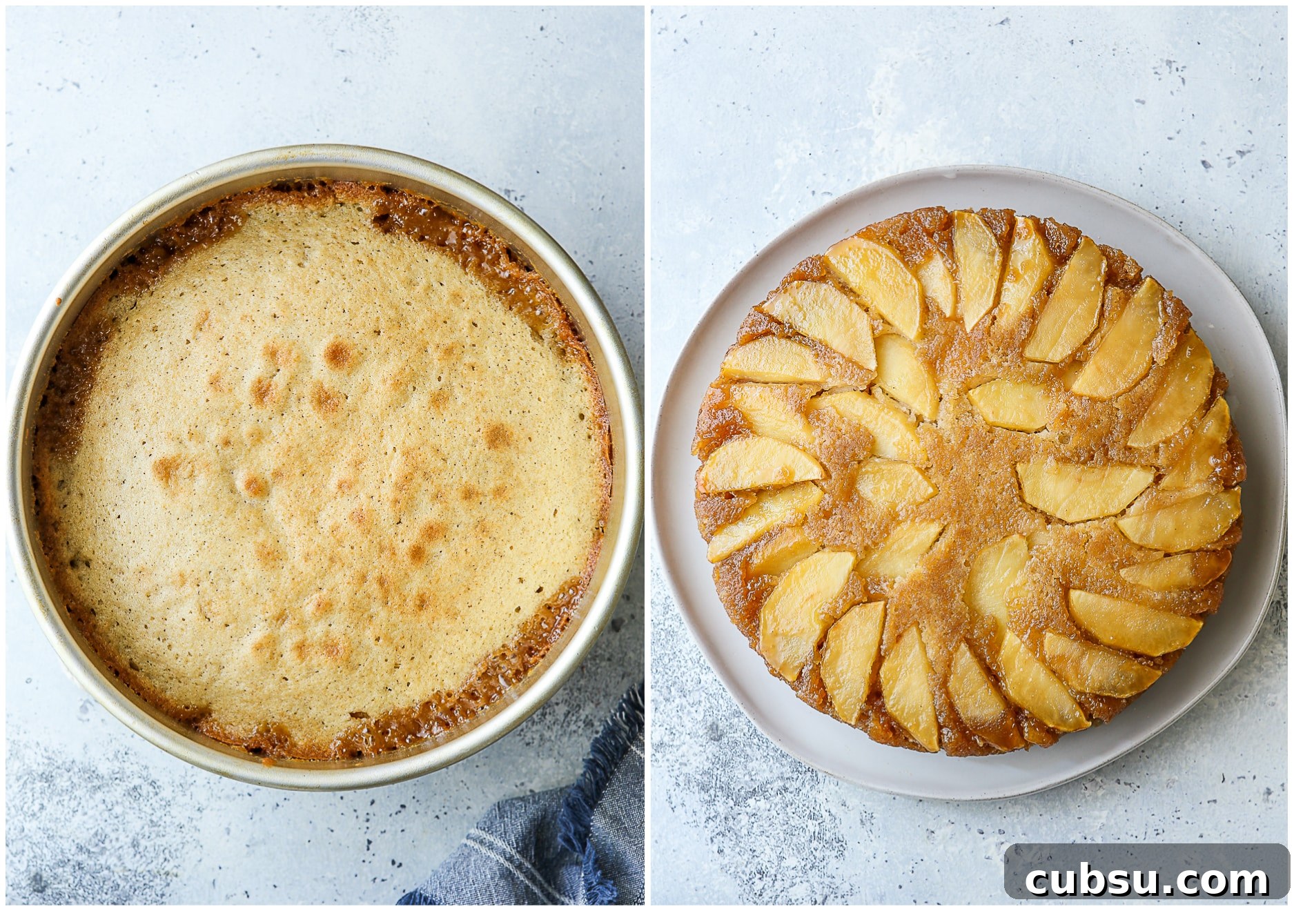 baked caramel apple cake before and after flipping it upside down