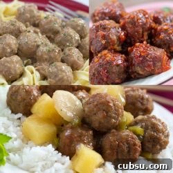 Meatballs served three ways: with noodles, with glaze, and with pineapple and rice.