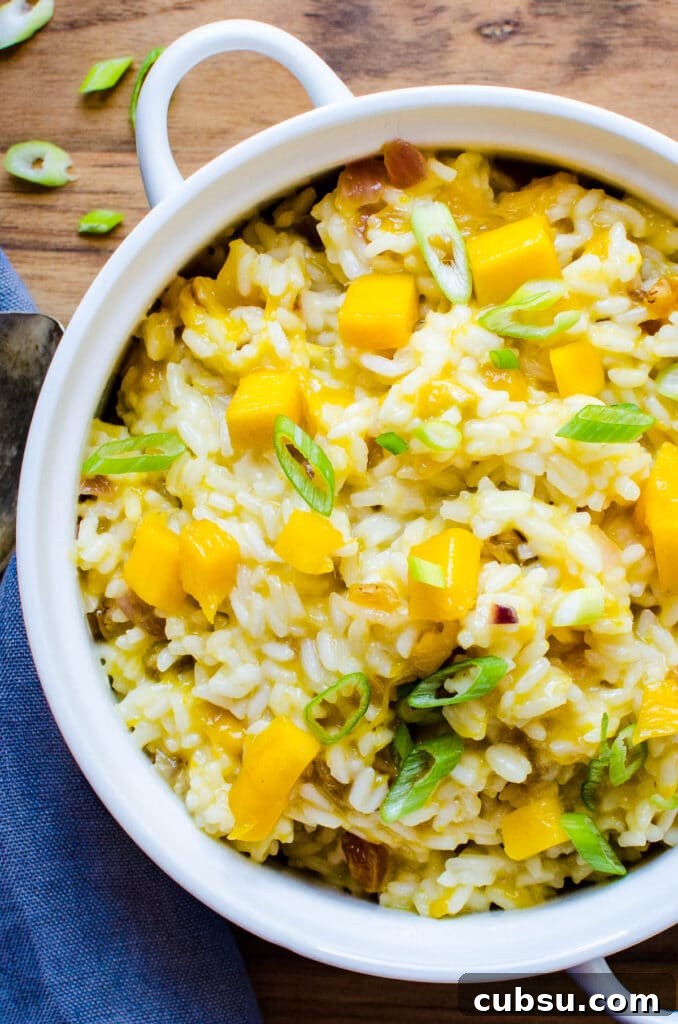 a dish of coconut mango rice for a side dish.
