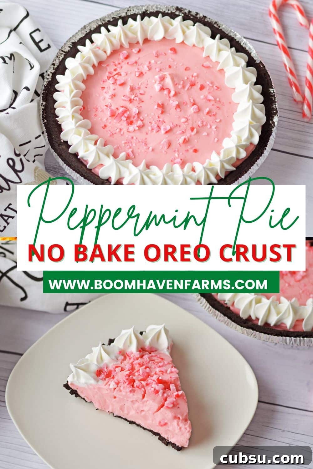 collage of no bake candy cane pie