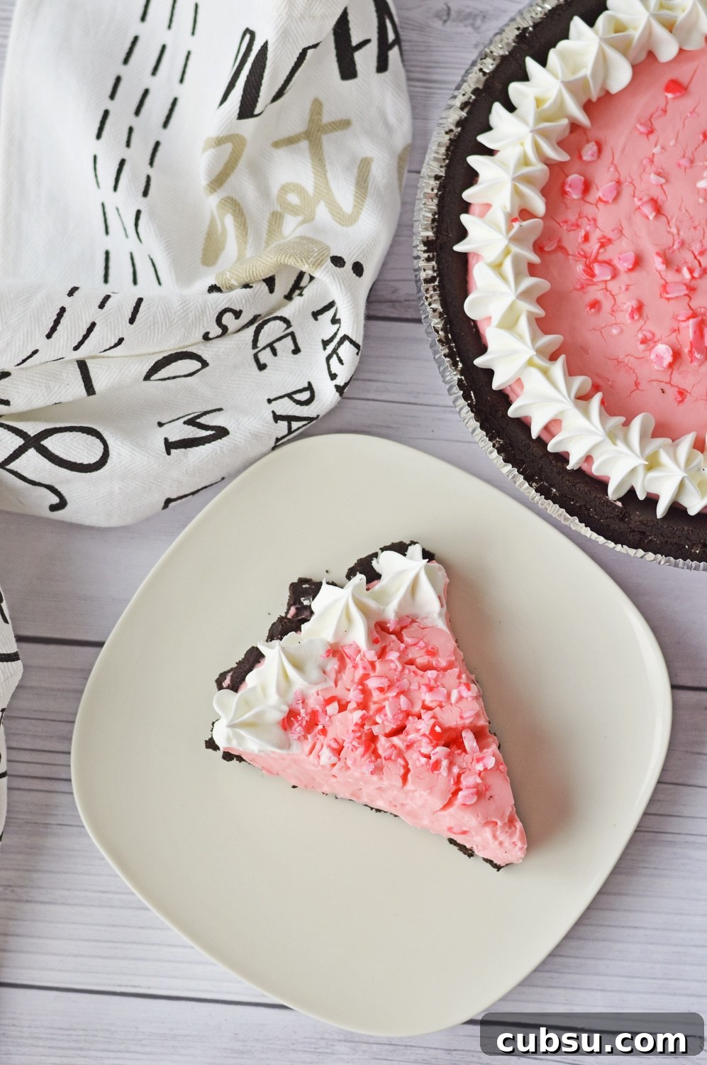 Holiday no bake pie plated with whole pie in background