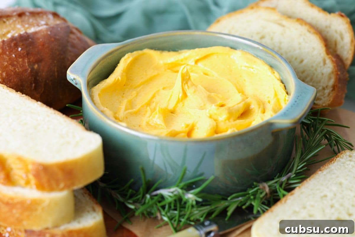 Cheddar butter in a bowl being served alongside sourdough bread slices.