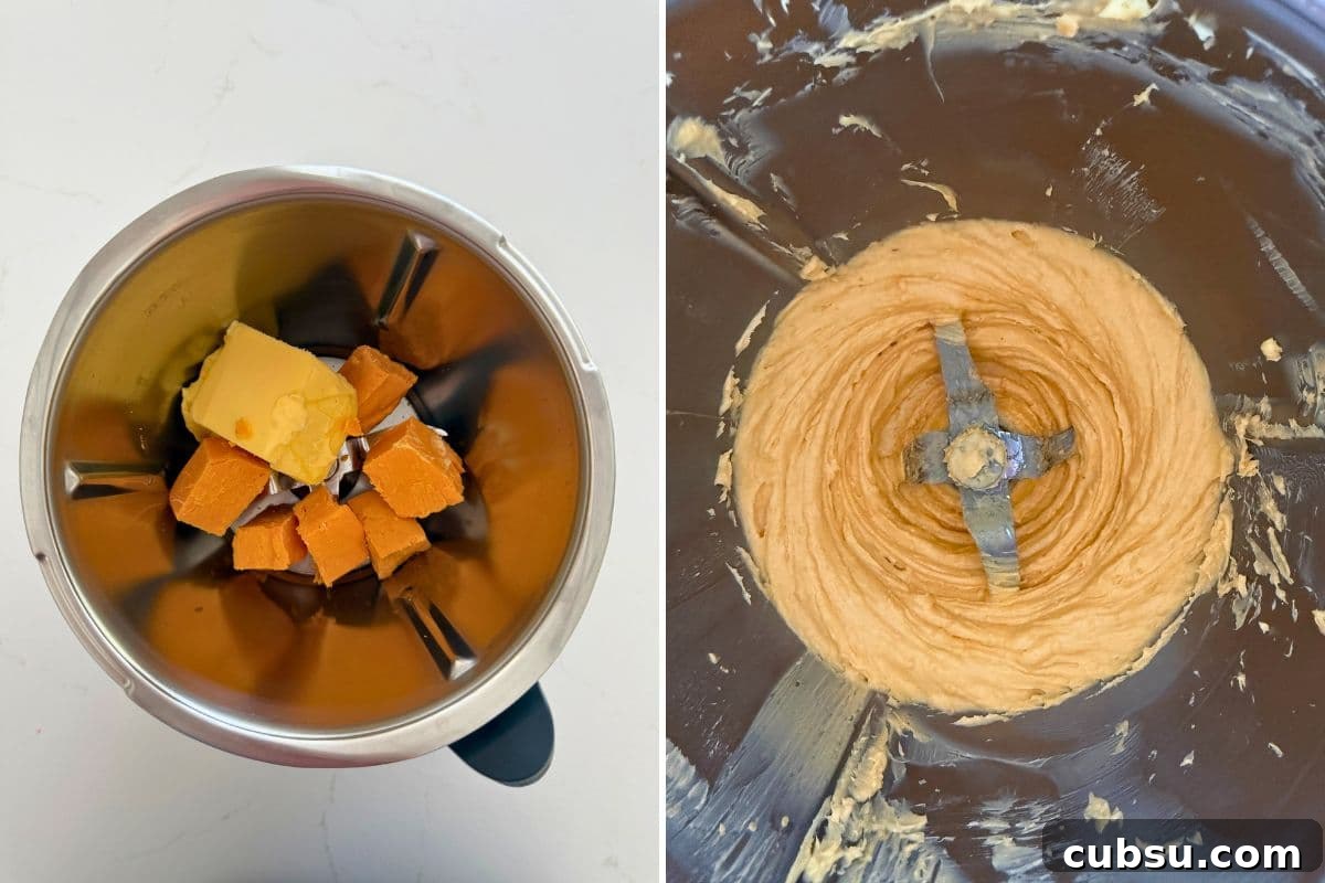 Adding cheddar and butter into the food processor to make cheddar butter.
