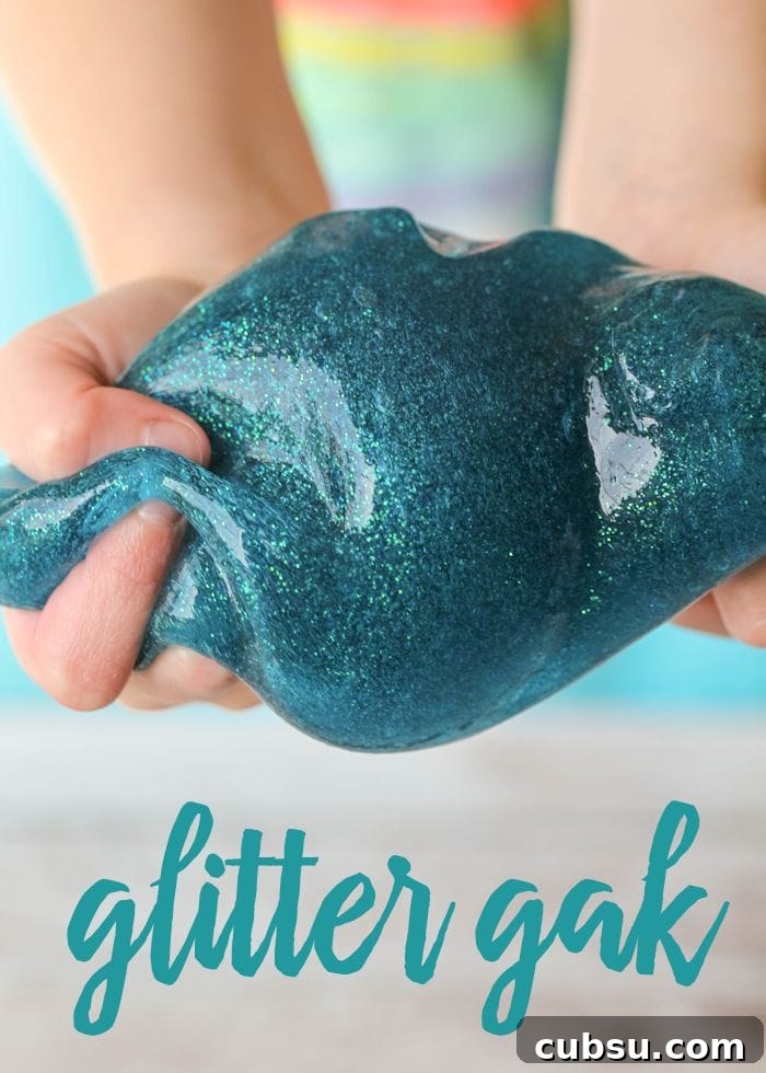 Homemade Glitter Gak recipe - the kids LOVE this stuff!! It takes a minute to make and provides hours of entertainment. All you need to make this is water, elmers glue, borax, and glitter! Recipe on { lilluna.com }