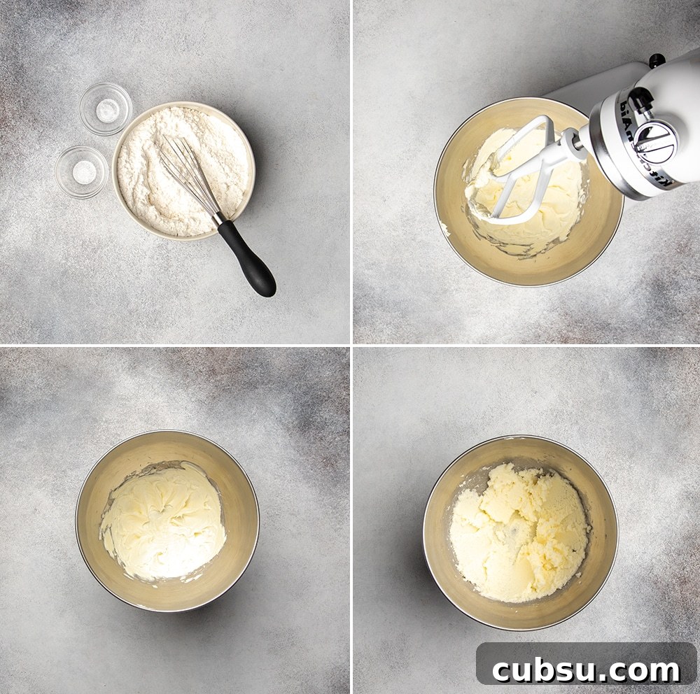 grid of 4 images, one with a bowl and whisk with white flours, one with a white stand mixer with whipped butter in the bowl, one with some poweder added, and the fourth with the full mixture in the bowl
