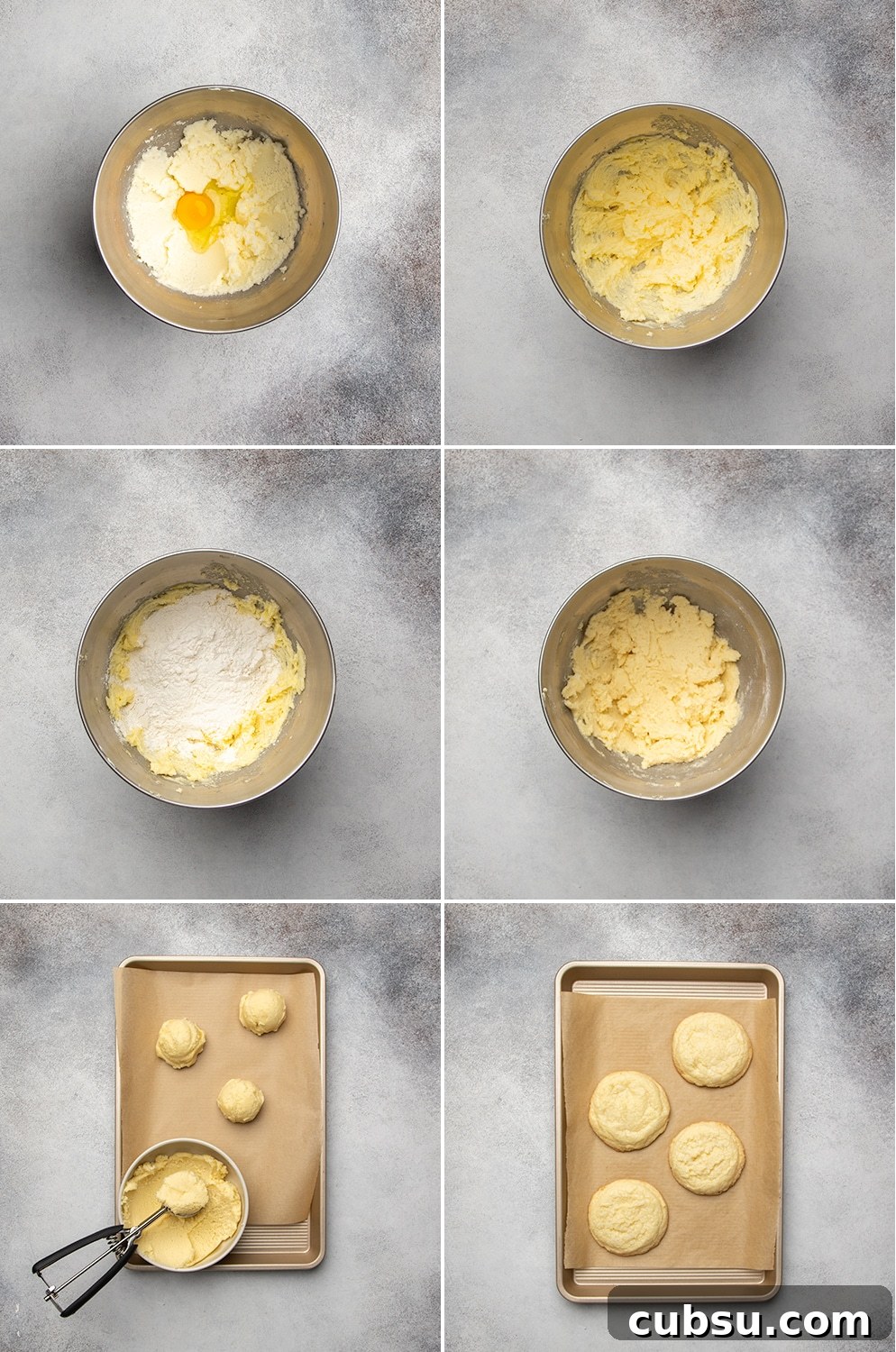 6 images, one with a grainy yellow mixture with a raw egg, one with the egg mixed in to make a dark yellow mixture, one with white powder on top, one with the powder mixed in, one with scoops on yellow raw dough on a baking sheet, and one with 4 round yellow baked cookies