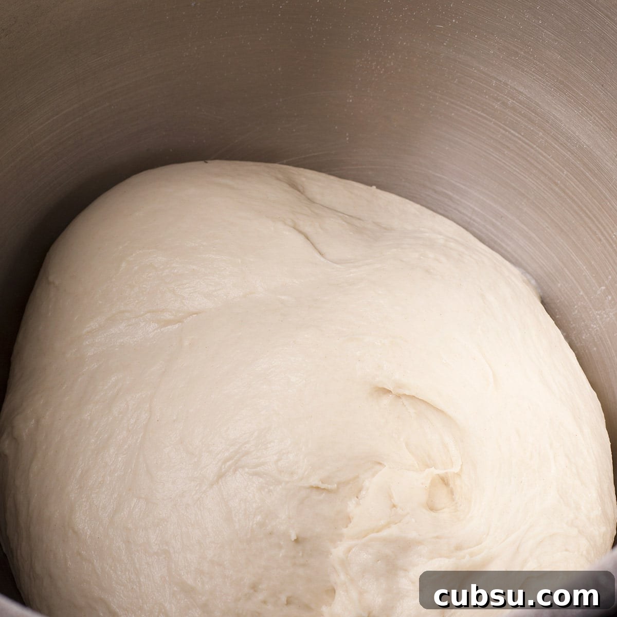 After allowing the dough to knead for 8 to 10 minutes, it should look smooth and soft, but not sticky.