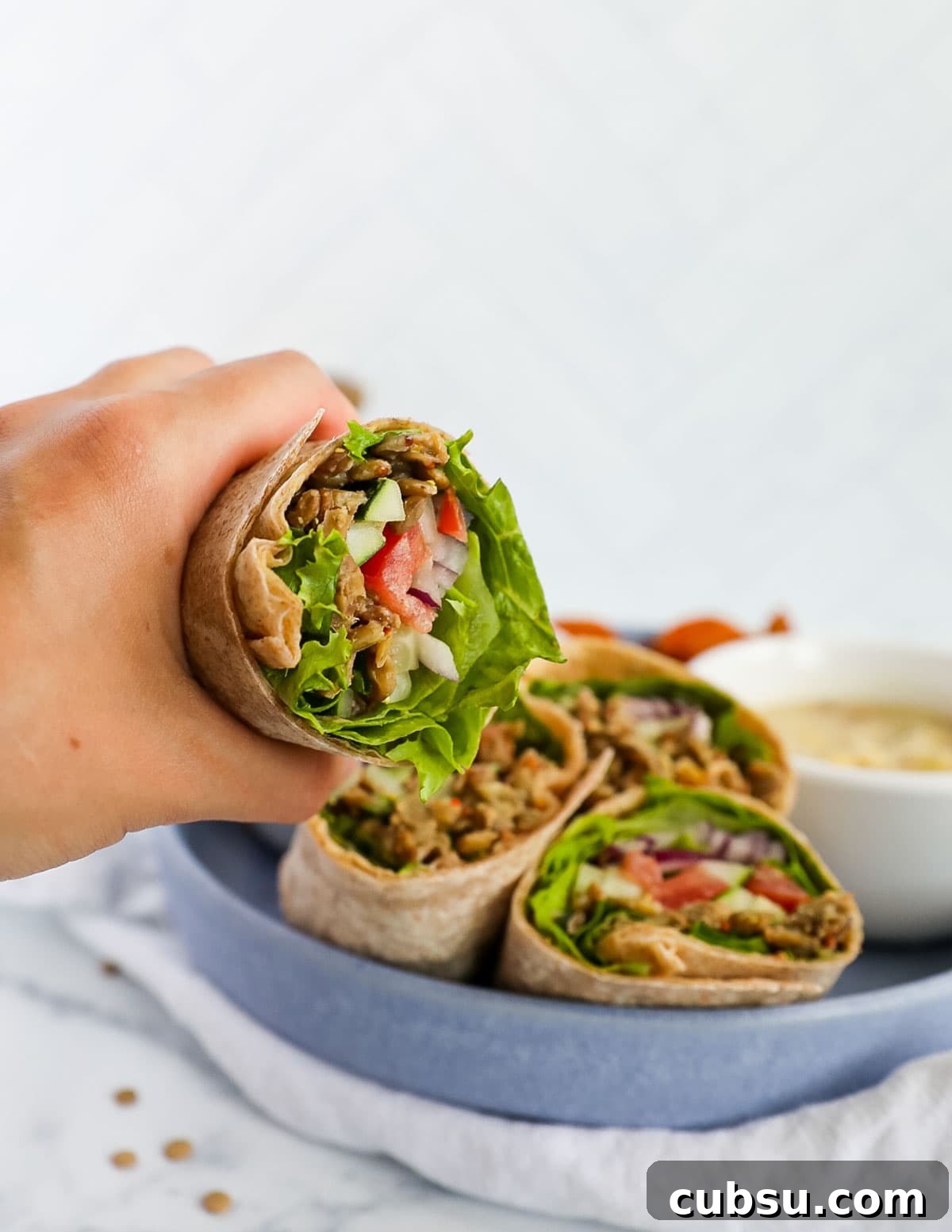 a hand holding a vegetable wrap with lentils, lettuce, tomatoes, and red onion
