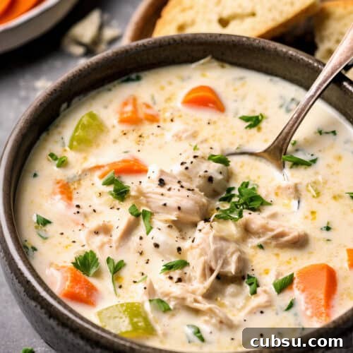 a bowl of Best-Ever Creamy Chicken Soup with carrots, celery and green garnish