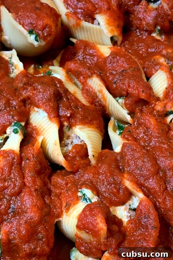 Close up of stuffed shells with spinach and sausage