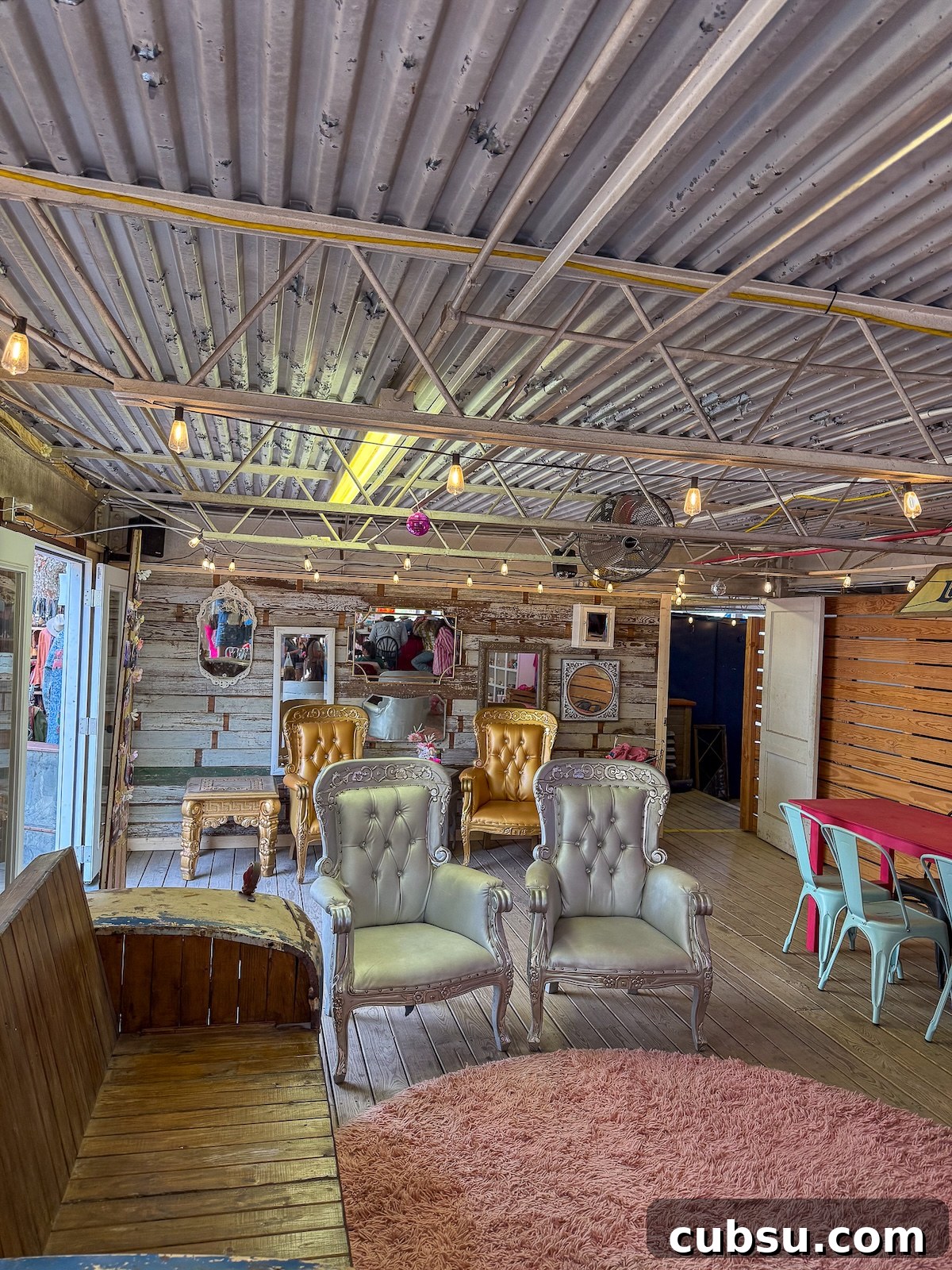 Vintage seating in a bar in Warrenton, Texas during Texas Antiques Week.