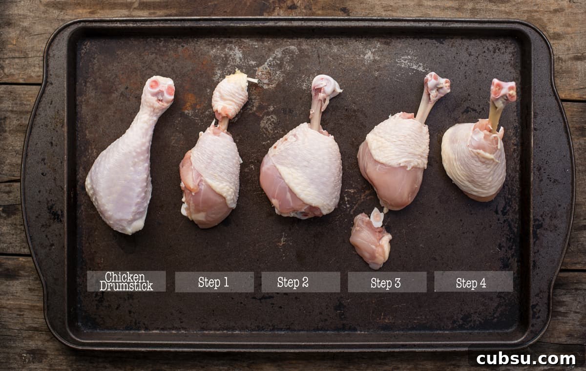 Steps for Frenching drumsticks for chicken lollipops.